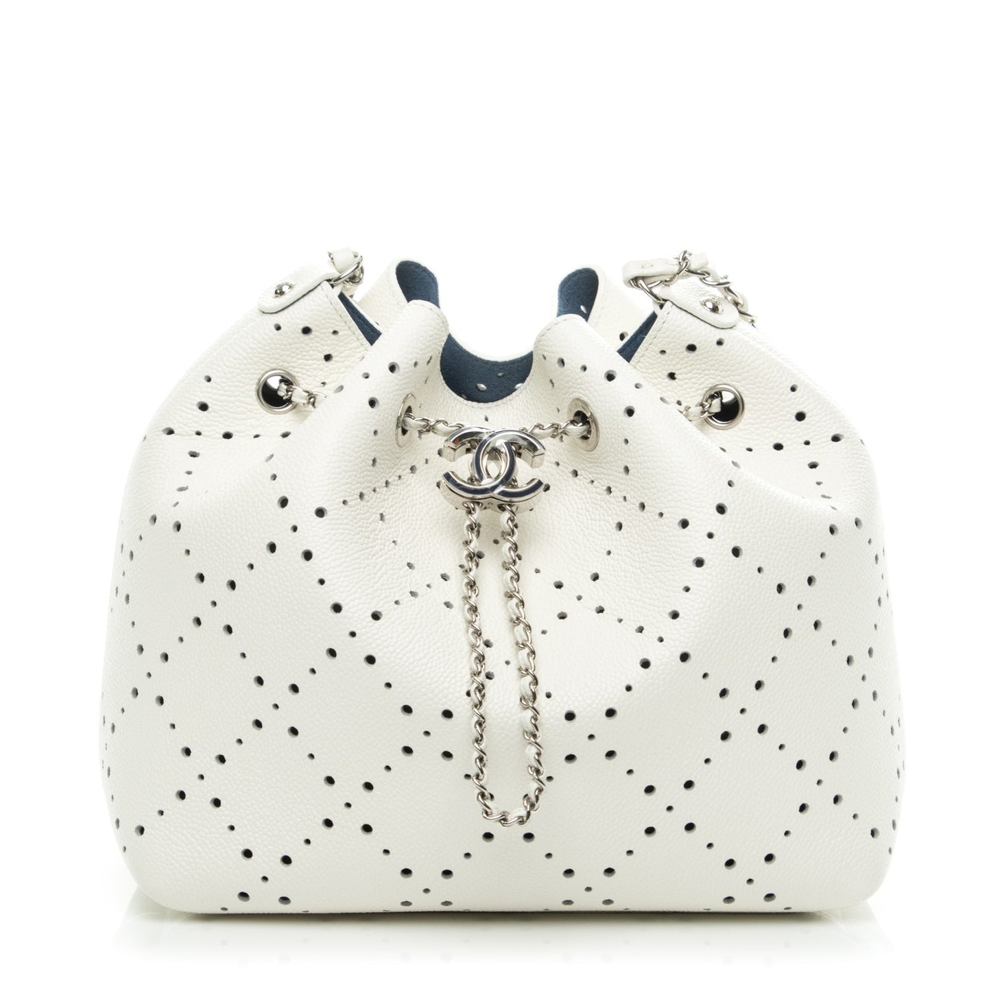 Caviar Perforated Drawstring CC Bag White