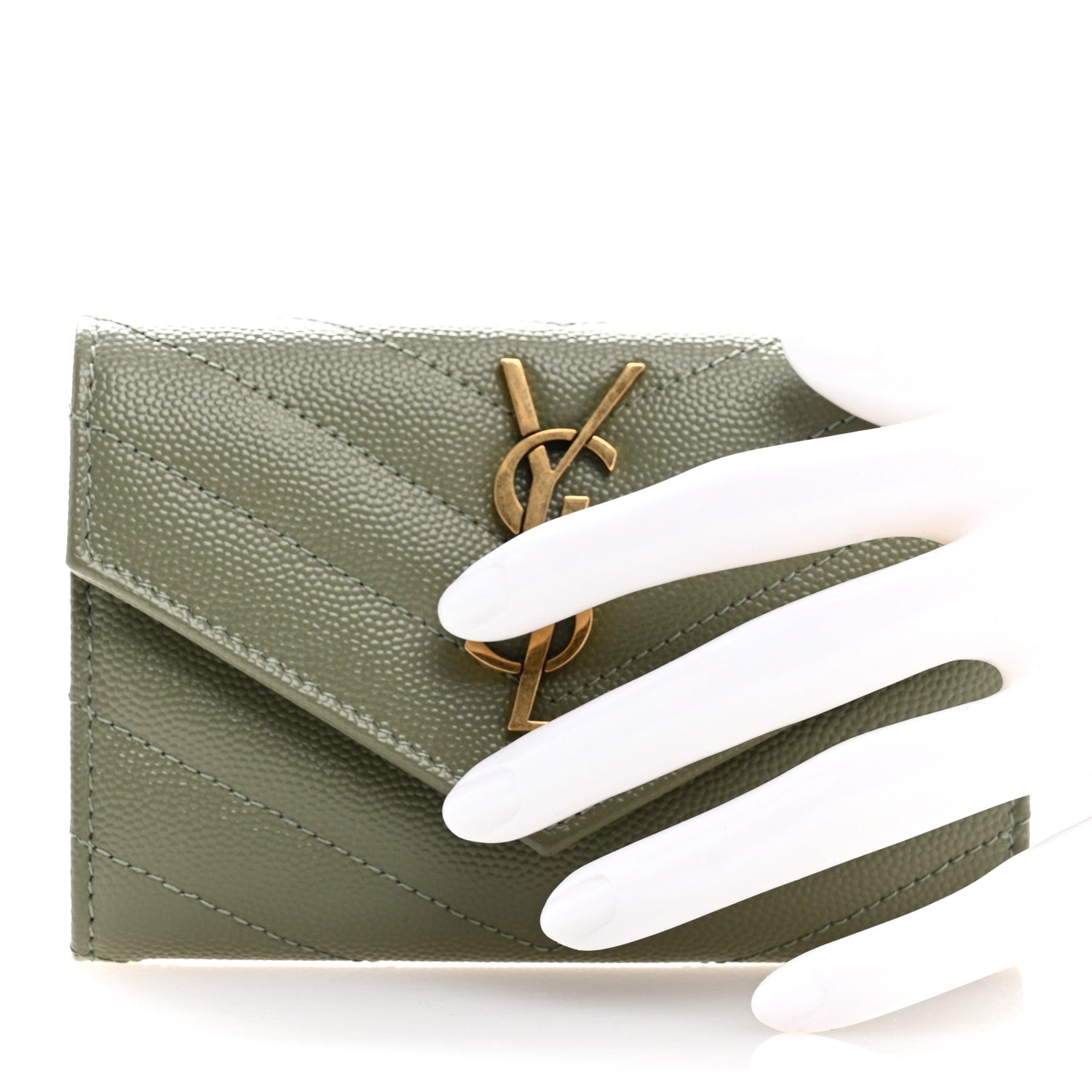 Saint Laurent Grain De Poudre Matelasse Chevron Small Monogram Envelope Wallet Light Sage 2 of 8