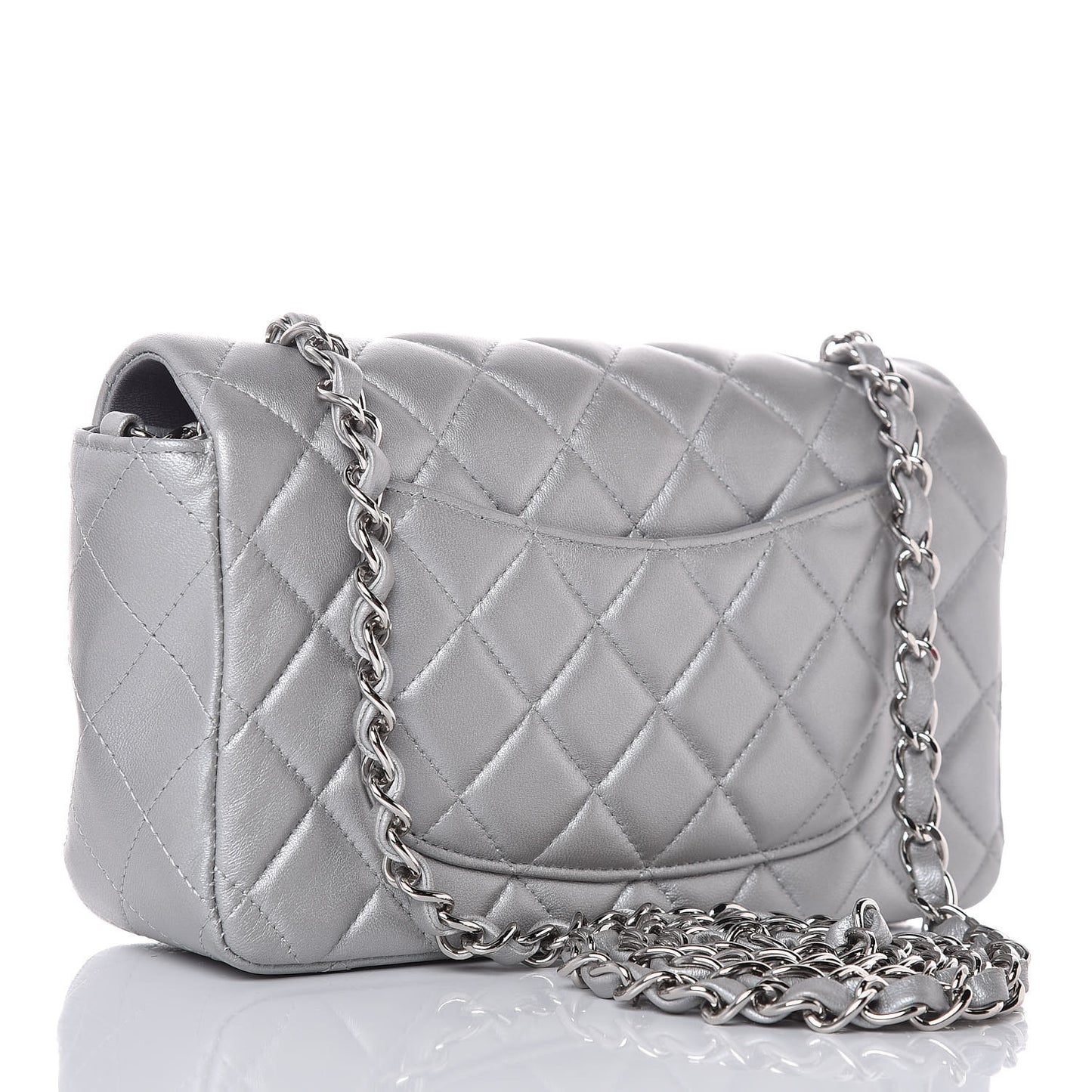 Metallic Lambskin Quilted Mini Rectangular Flap Silver