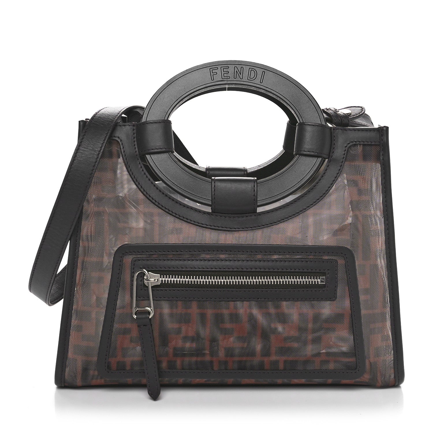 Fendi Mesh Vitello Century Cuoio FF 1974 Small Runaway Shopper Tote Marrone Black Ebano 1 of 8