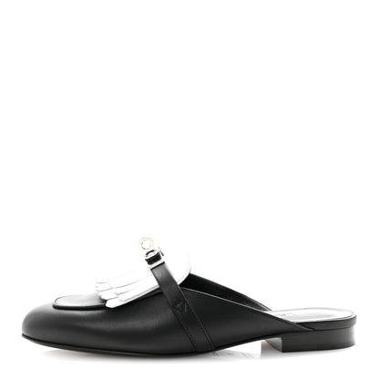 Hermes Calfskin Fringe Oz Mules 37 Black White 1 of 10