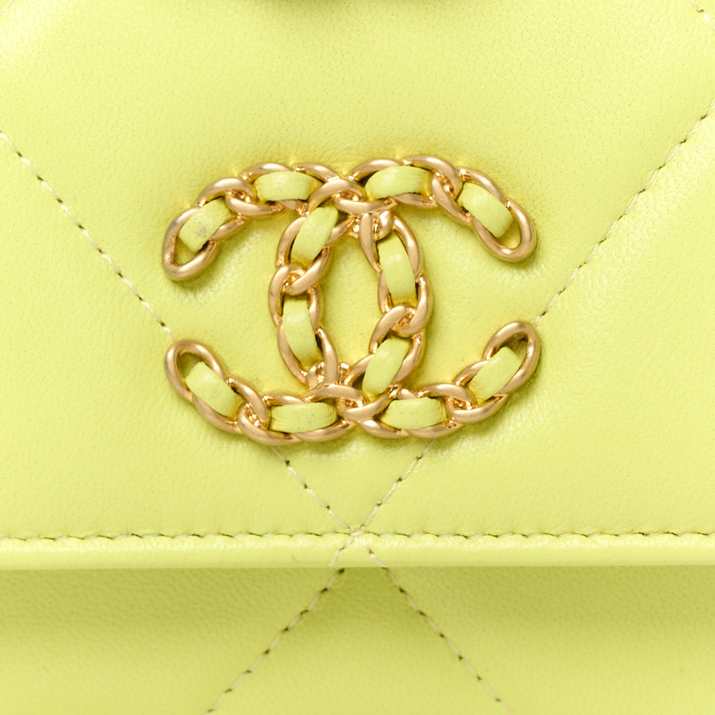 Shiny Lambskin Quilted Chanel 19 Wallet On Chain WOC Neon Yellow