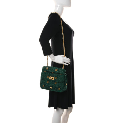 Valentino Garavani Metallic Woven Lurex Large Roman Stud Shoulder Bag Jungle 2 of 8