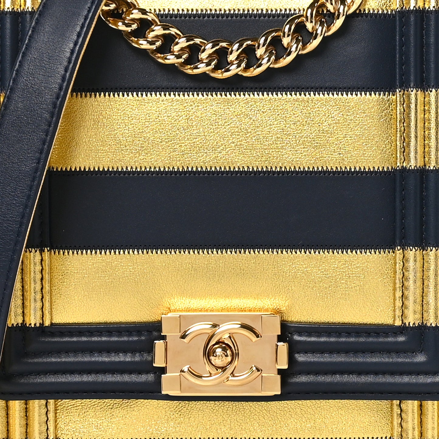 Metallic Lambskin Striped North South Boy Flap Navy Gold