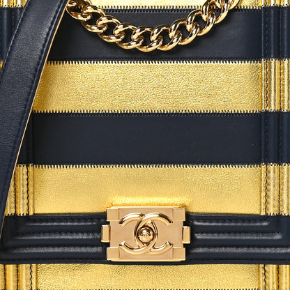 Chanel Metallic Lambskin Striped North South Boy Flap Navy Gold 9 of 11