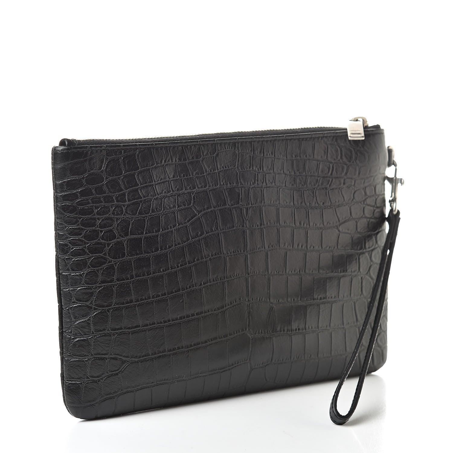 Saint Laurent Calfskin Crocodile Embossed Monogram Zip Pouch Black 3 of 8