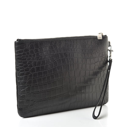 Saint Laurent Calfskin Crocodile Embossed Monogram Zip Pouch Black 3 of 8