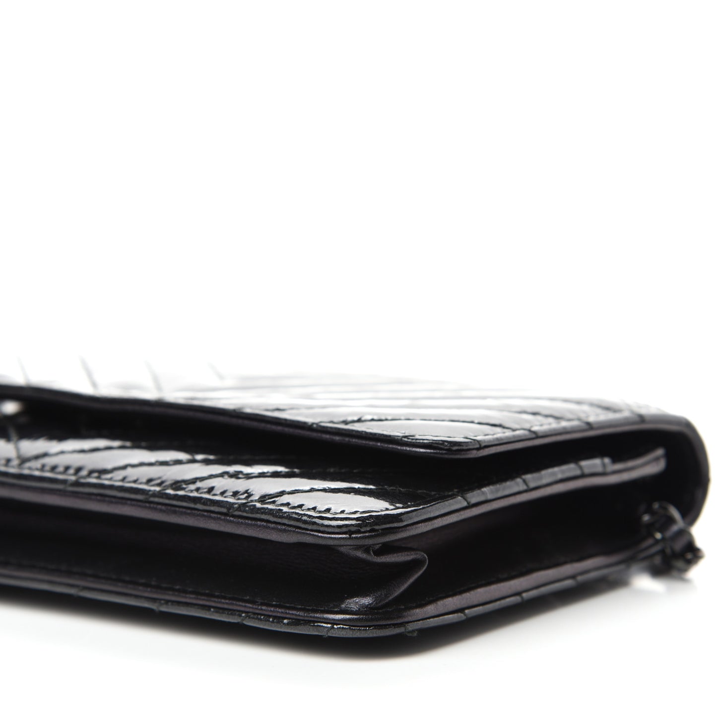 Patent Metallic Crumpled Calfskin Chevron Quilted Wallet On Chain WOC Black