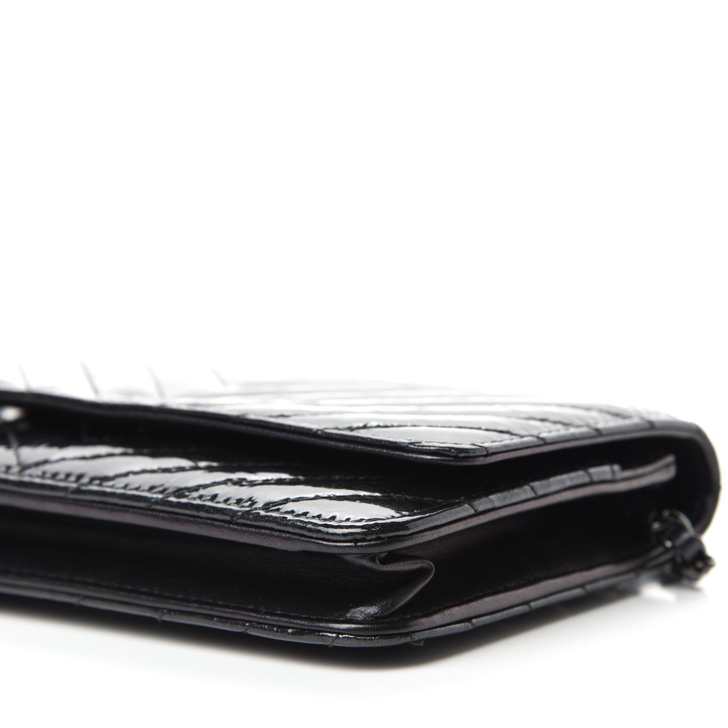 Chanel Patent Metallic Crumpled Calfskin Chevron Quilted Wallet On Chain WOC Black 7 of 14