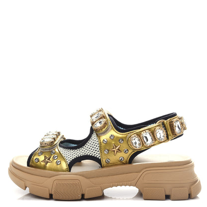 Gucci Silk Calfskin Mesh Crystal Embellished Studded Womens Aguru Sandals 39 Gold 1 of 11