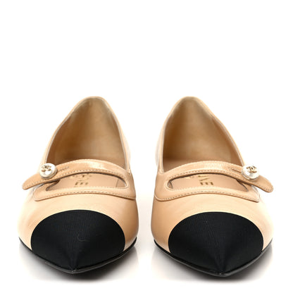 Chanel Shiny Lambskin Grosgrain Pointed Toe CC Ballet Flats 37.5 Beige Black 3 of 10