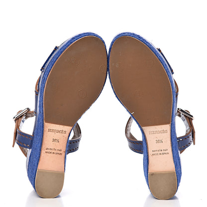 Hermes Patent Epsom Perforated Espadrille Wedge Sandals 36.5 Bleu Saphir 5 of 10