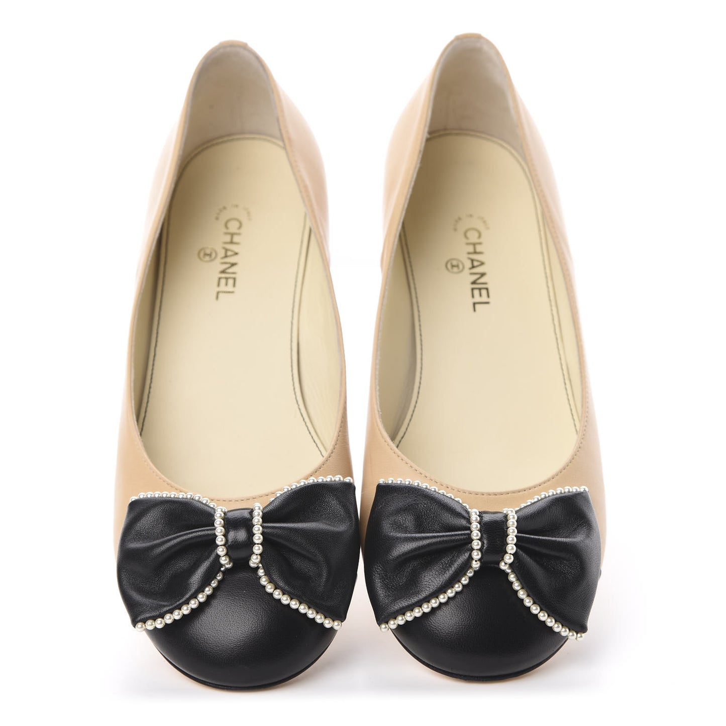 Lambskin Pearl Bow Ballerina Flats 37 Beige Black