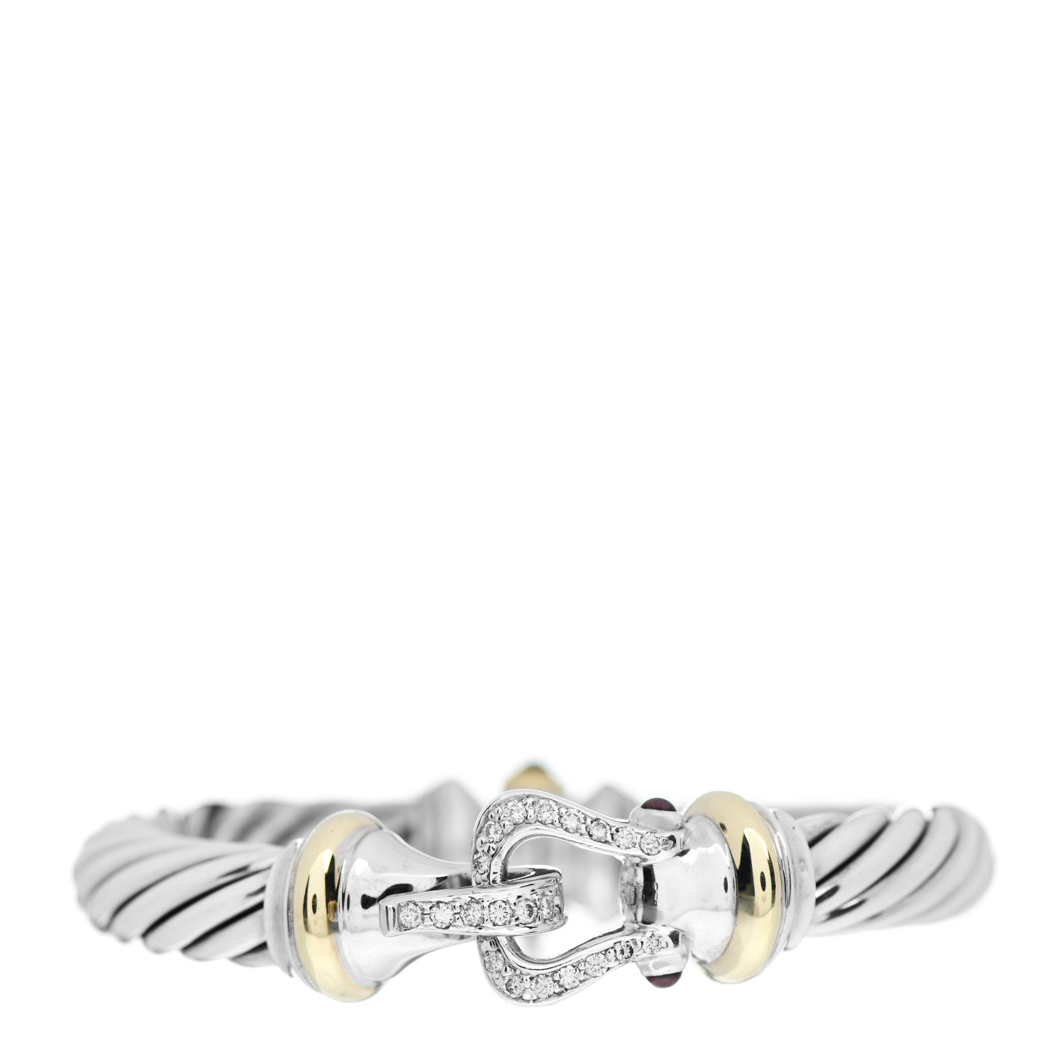 David Yurman Sterling Silver 18K Yellow Gold Diamond Garnet 10mm Cable Buckle Bracelet 1 of 4