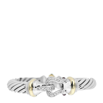 David Yurman Sterling Silver 18K Yellow Gold Diamond Garnet 10mm Cable Buckle Bracelet 1 of 4