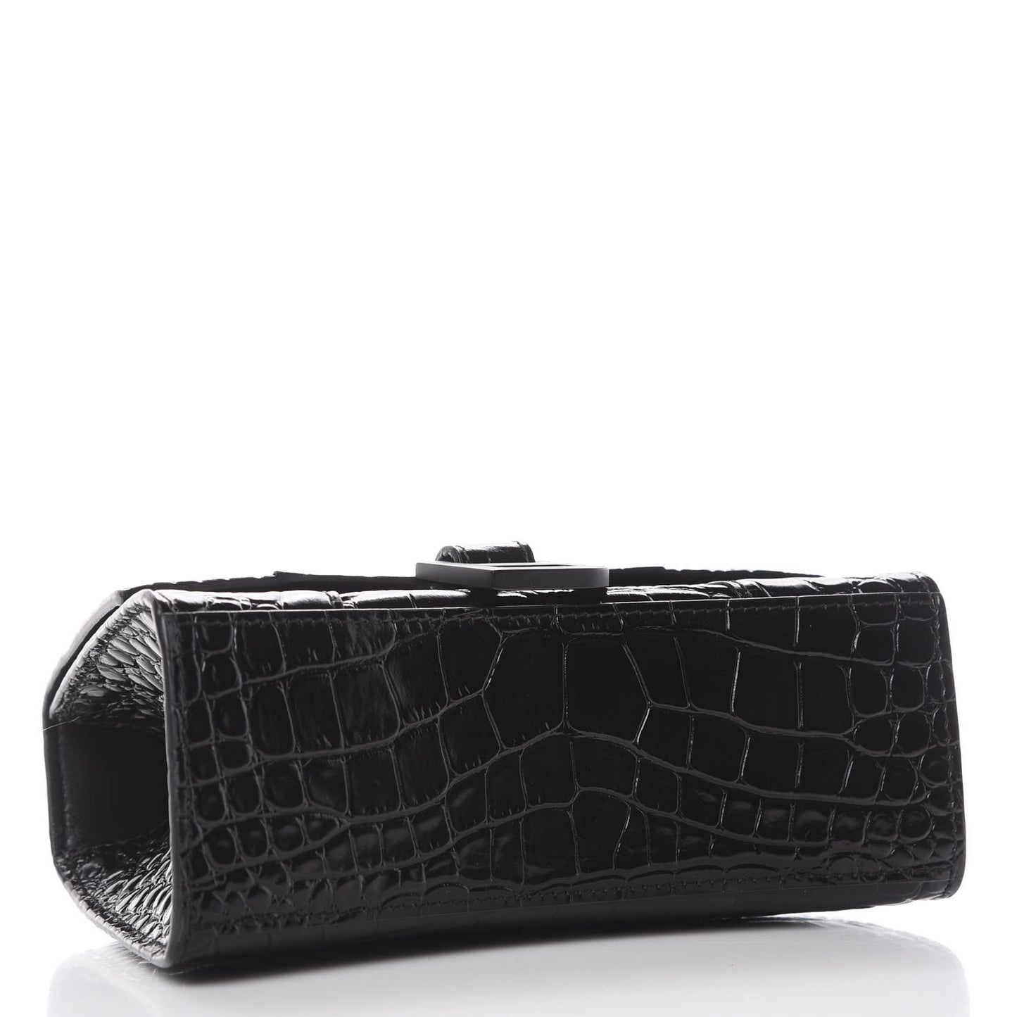 Shiny Calfskin Monochrome Crocodile Embossed Hourglass Top Handle Bag XS Black