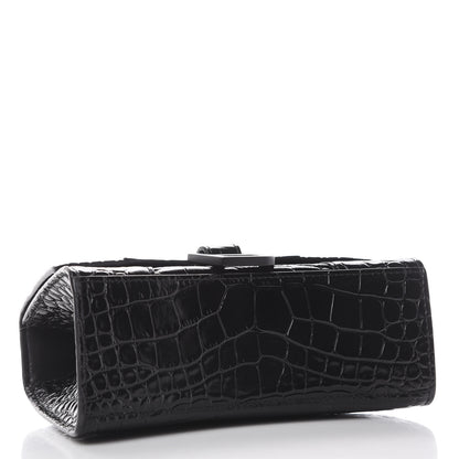 Balenciaga Shiny Calfskin Monochrome Crocodile Embossed Hourglass Top Handle Bag XS Black 4 of 8