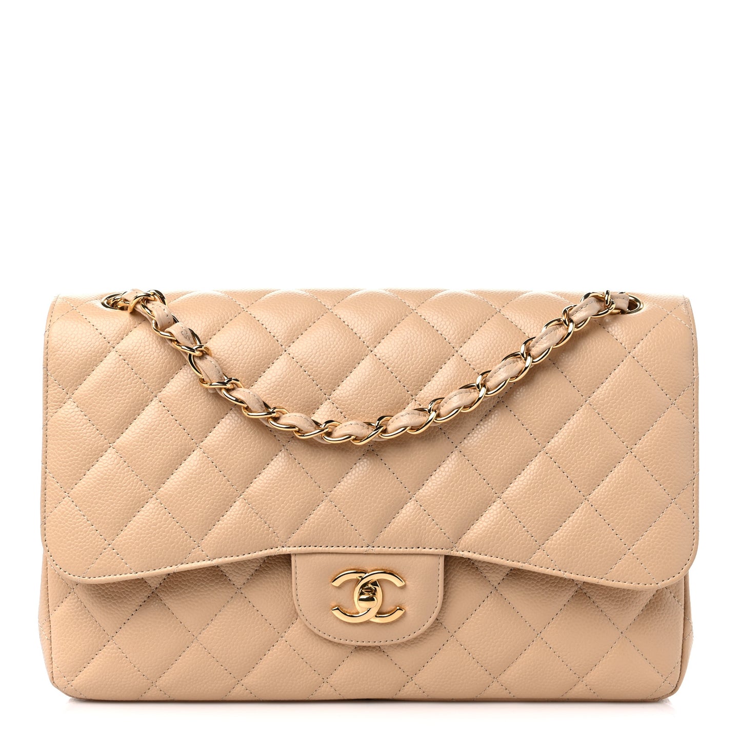 Caviar Quilted Jumbo Double Flap Beige Clair