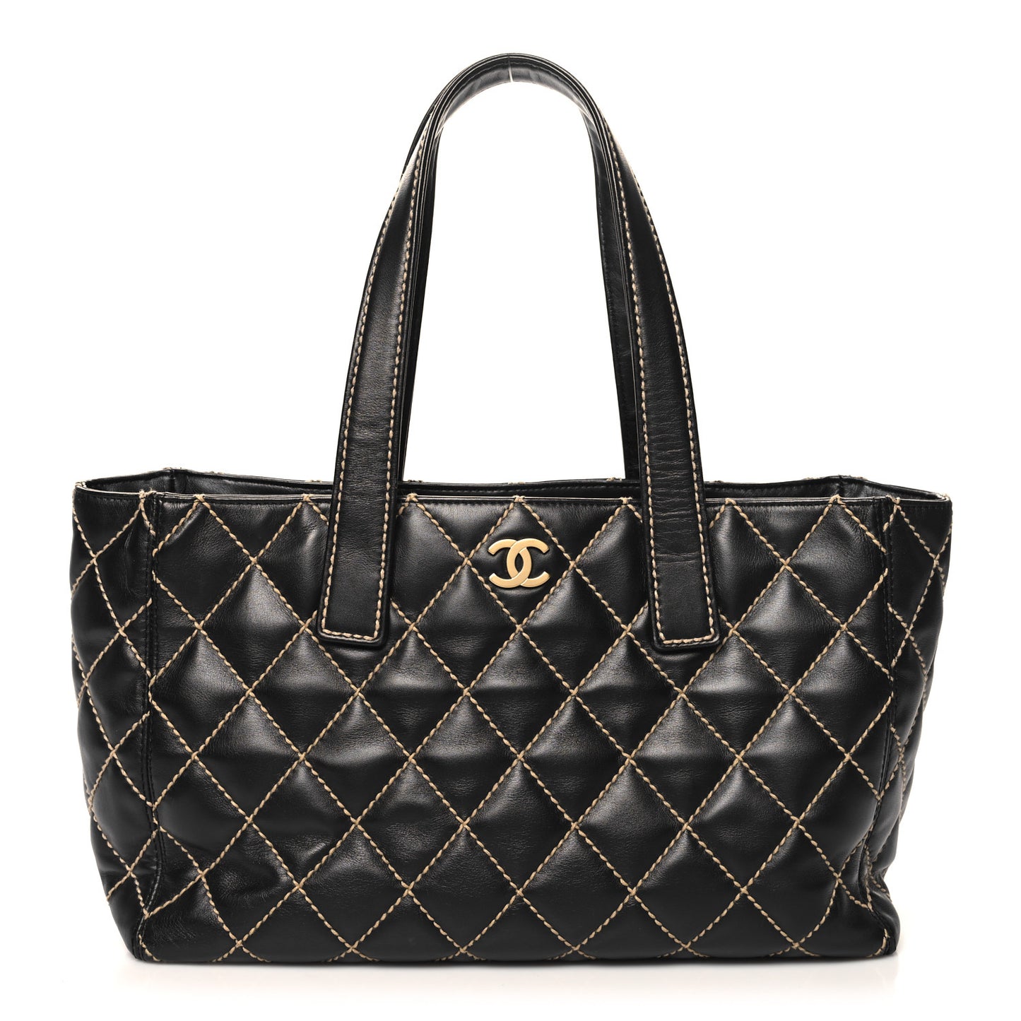 Calfskin Contrast Stitch Surpique Tote Black
