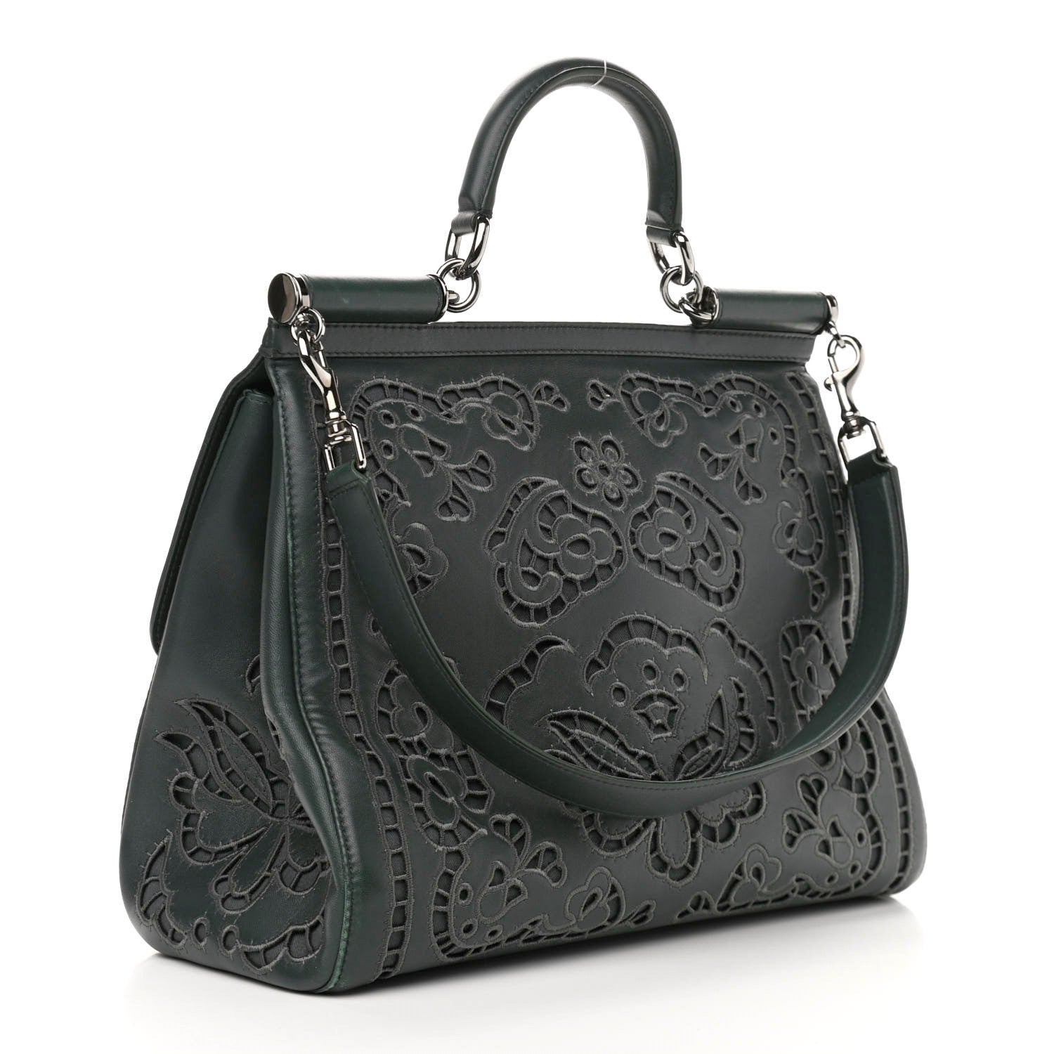 Dolce & Gabbana Lambskin Large Embroidered Laser Cut Miss Sicily Satchel Dark Green 2 of 13