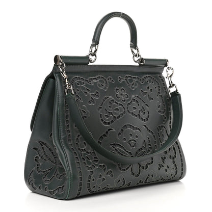 Dolce & Gabbana Lambskin Large Embroidered Laser Cut Miss Sicily Satchel Dark Green 2 of 13