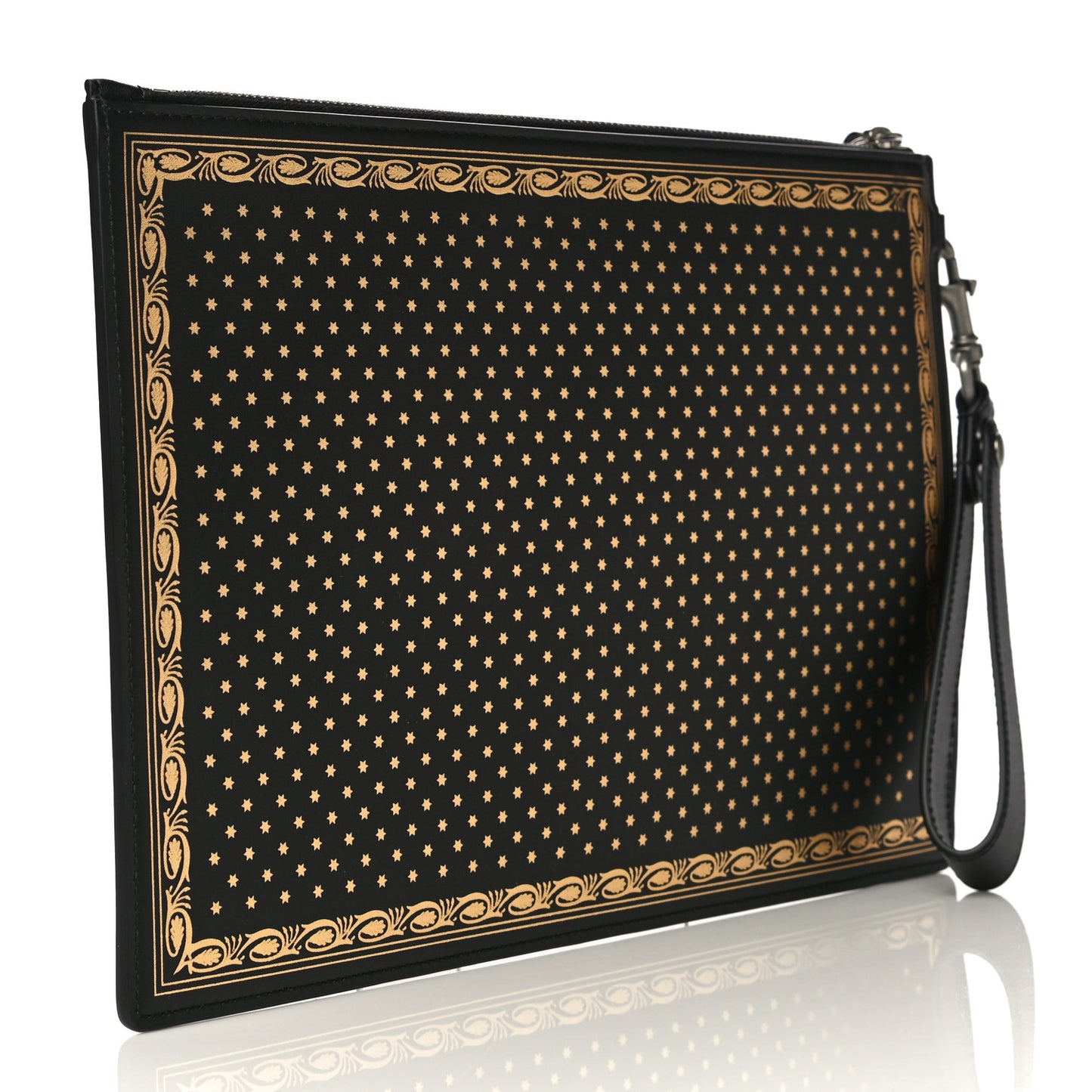 X SEGA Calfskin GUCCY Stars Zip Wristlet Pouch Black Gold