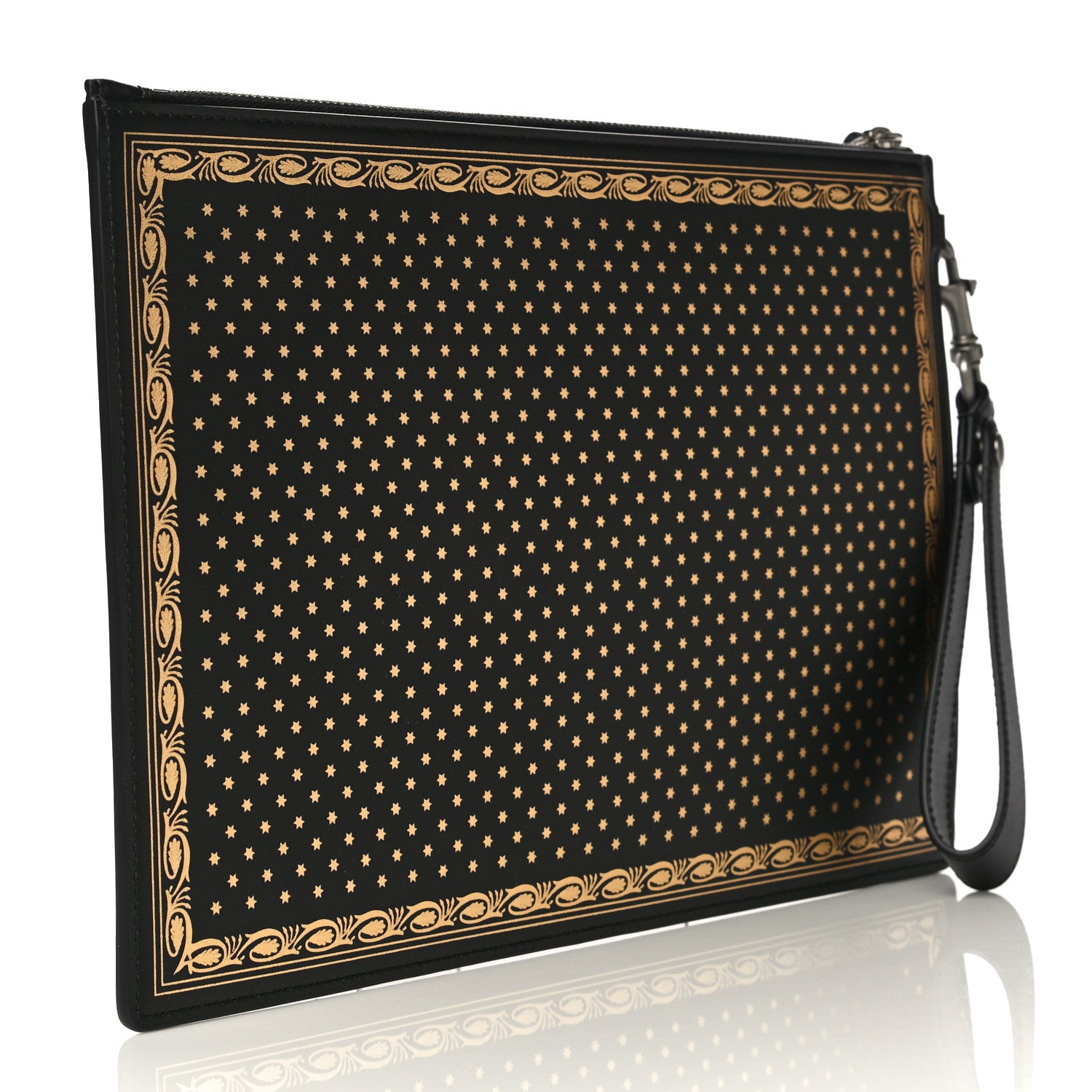 Gucci X SEGA Calfskin GUCCY Stars Zip Wristlet Pouch Black Gold 3 of 11