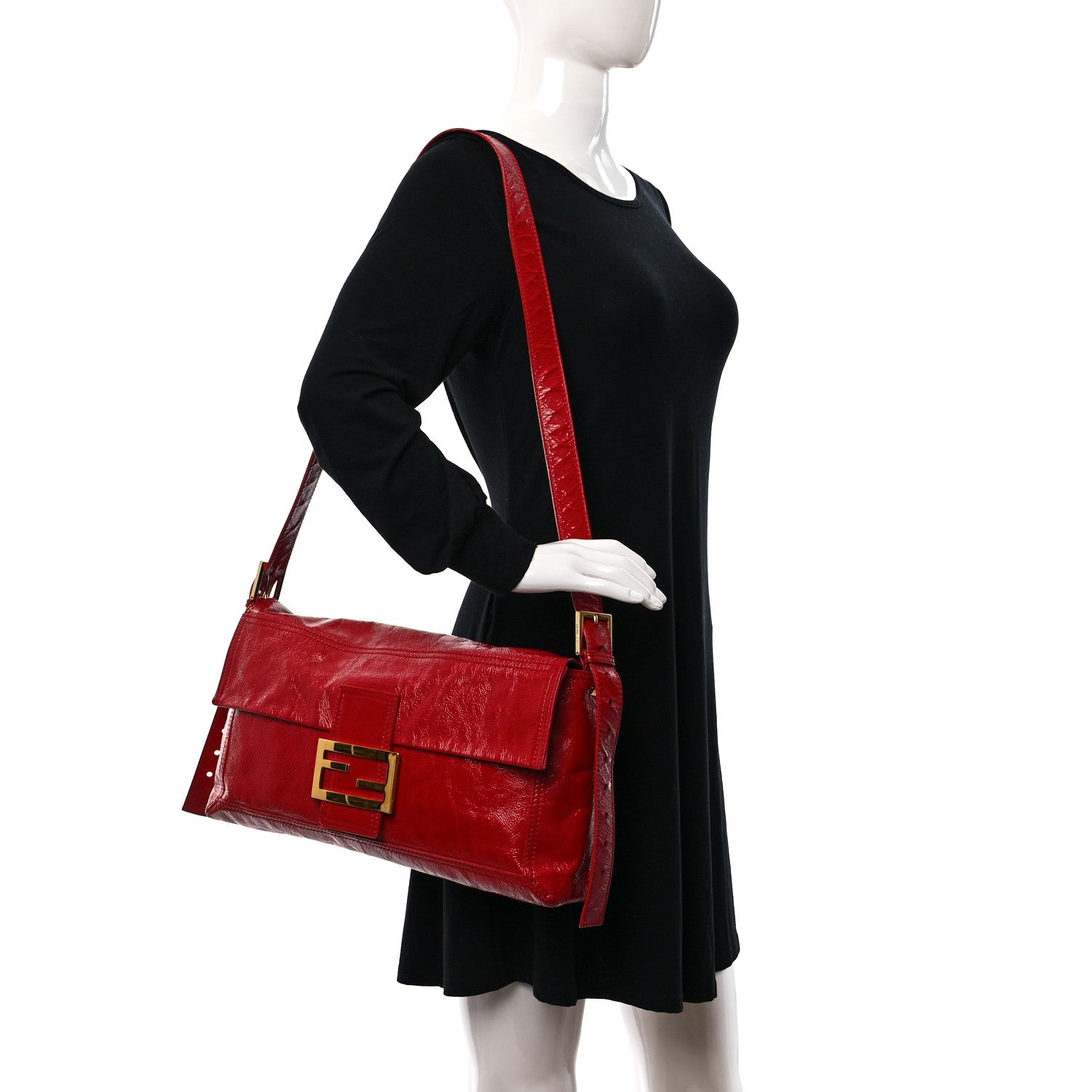 Fendi Vitello Naplak Large Convertible Baguette Rosso 2 of 14