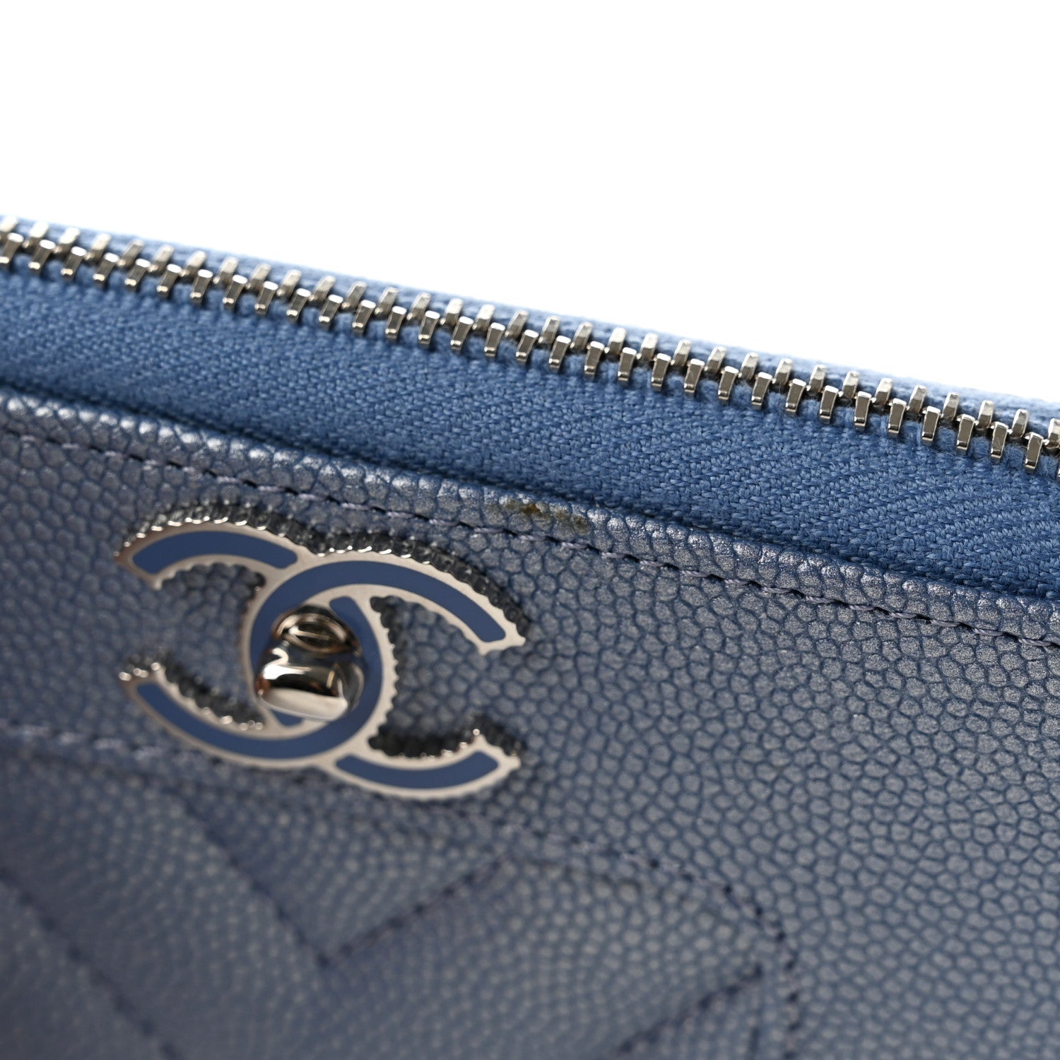 Chanel Metallic Caviar Chevron Quilted Vintage Mademoiselle Zip Coin Purse Blue 9 of 9