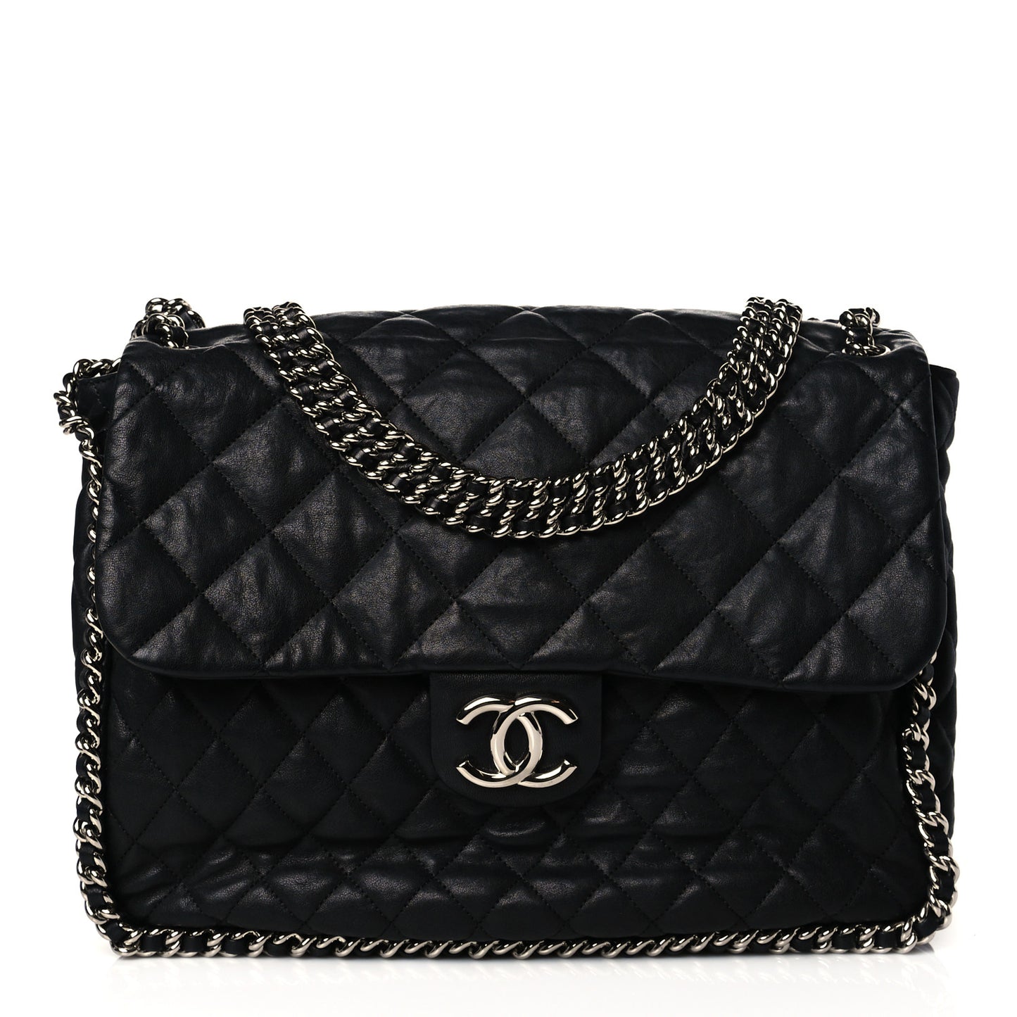 Washed Lambskin Quilted Maxi Chain Around Flap Black