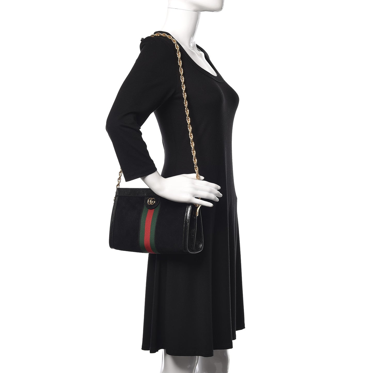 Suede Patent GG Web Small Ophidia Chain Shoulder Bag Black