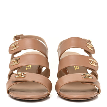 Chanel Calfskin CC Turnlock Sandals 37.5 Beige 2 of 15
