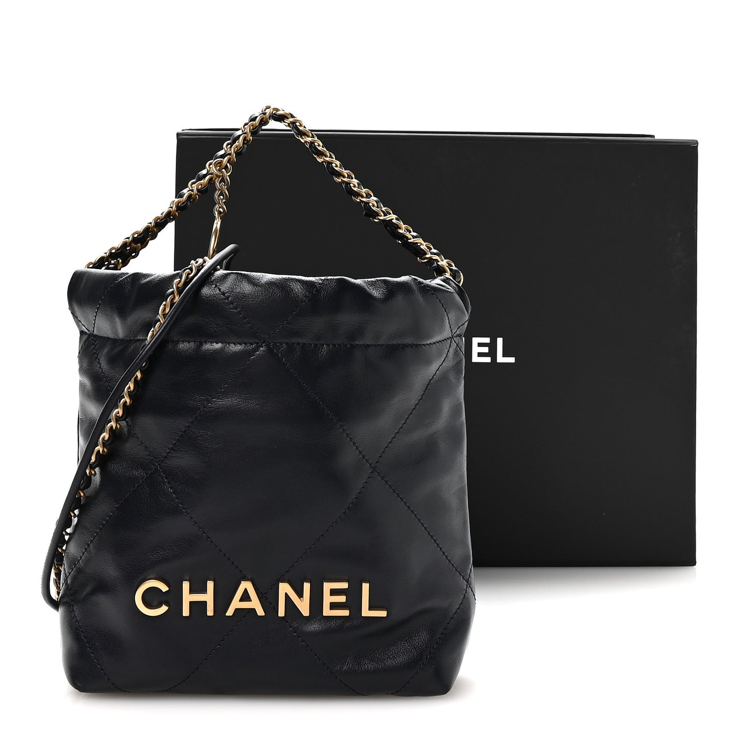 Shiny Calfskin Quilted Mini Chanel 22 Navy Blue