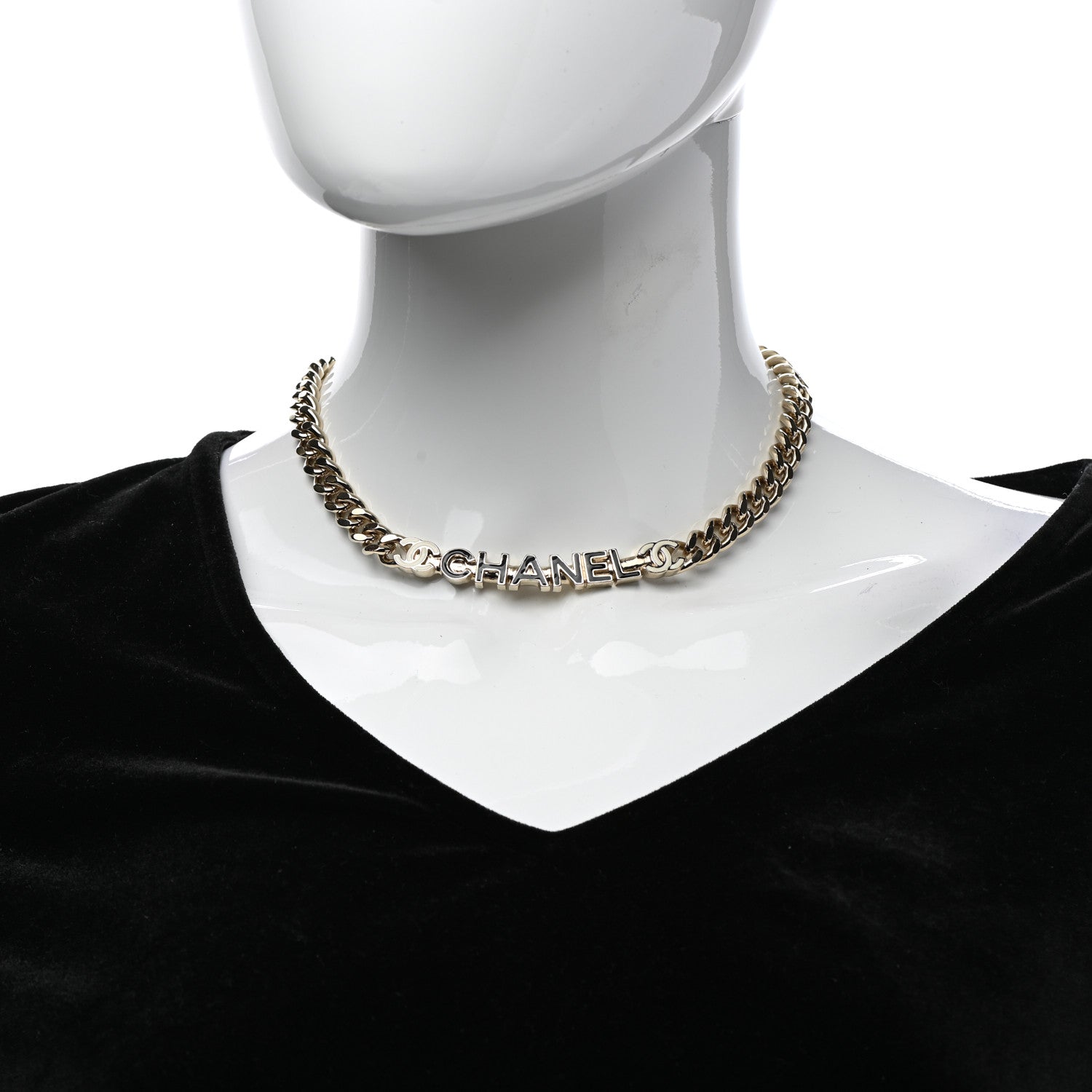 Chanel Enamel Metal Logo Choker Necklace Gold White Black 2 of 7