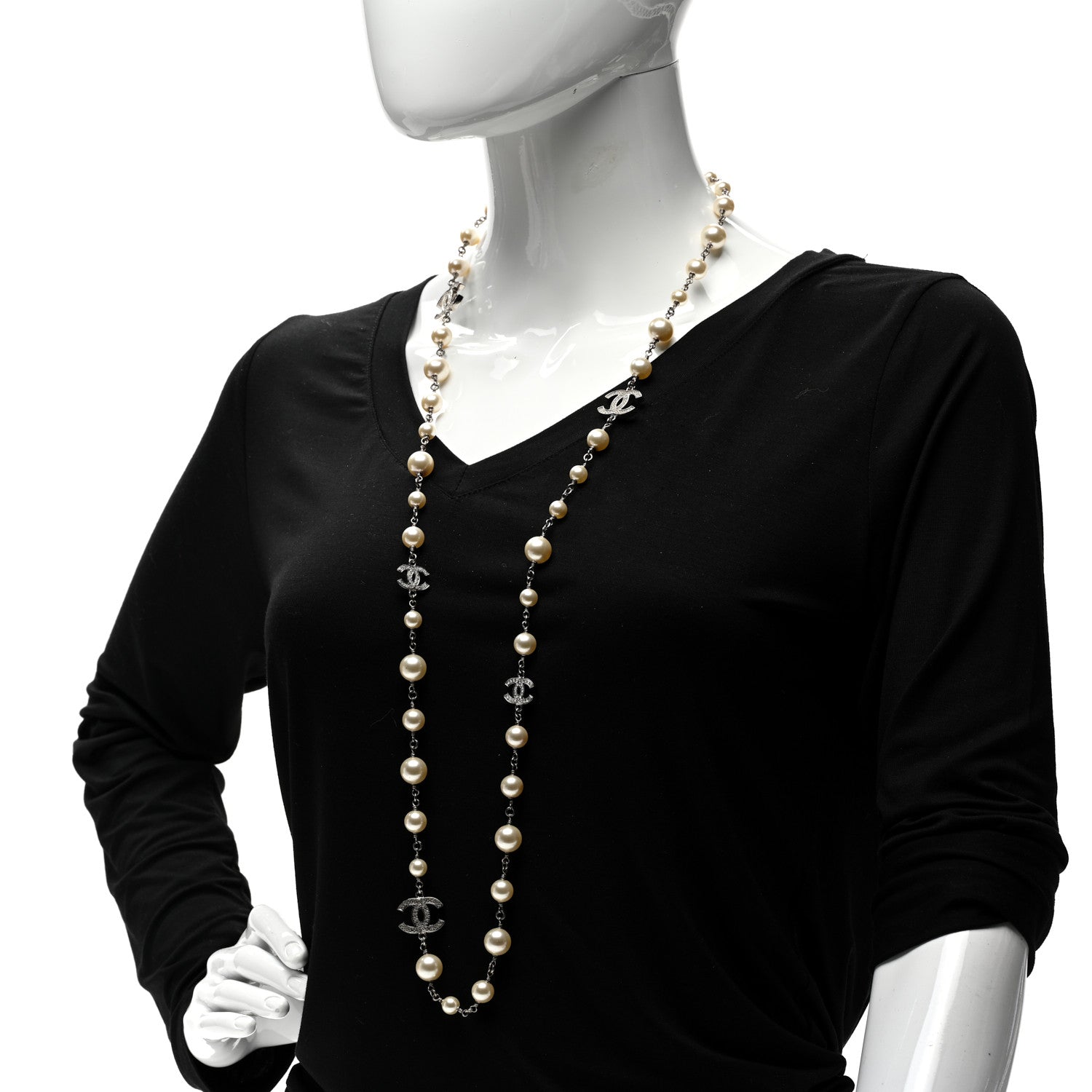 Chanel Graduated Pearl Crystal CC Long Necklace Silver 2 of 5