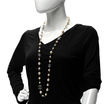 Chanel Graduated Pearl Crystal CC Long Necklace Silver 2 of 5