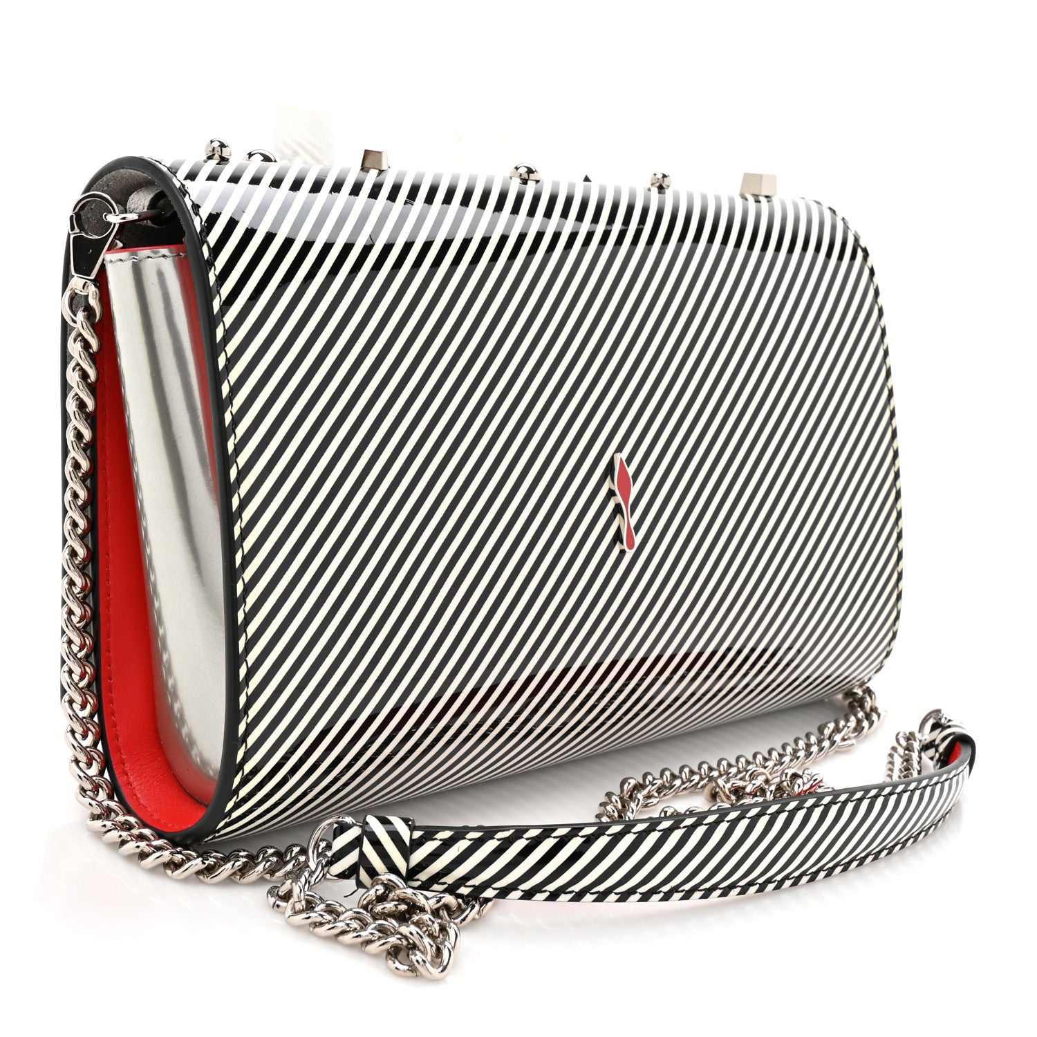 Christian Louboutin Patent Striped Spikes Paloma Clutch Black White Silver 3 of 10