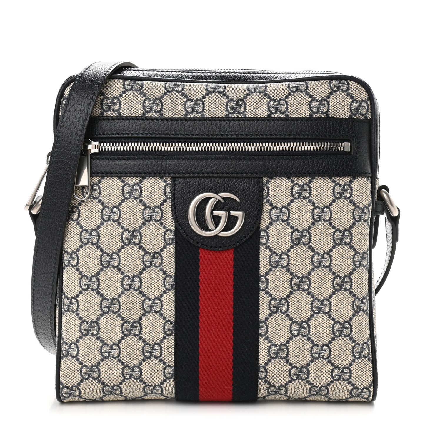 GG Supreme Monogram Textured Dollar Calfskin Web Small Ophidia Messenger Bag Beige Blue