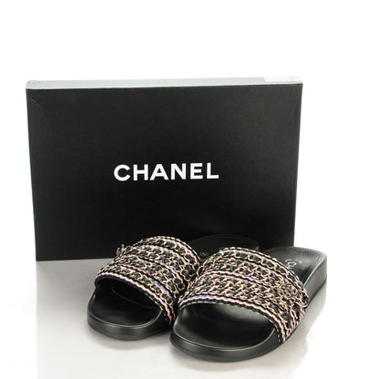 Chanel Tweed Lambskin Chain Flat Sandals 39 Black Multicolor 5 of 9