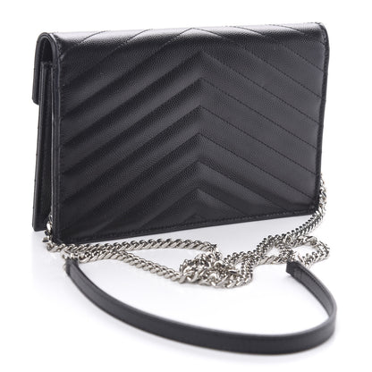 Saint Laurent Grain De Poudre Matelasse Chevron Monogram Envelope Chain Wallet Black 3 of 12