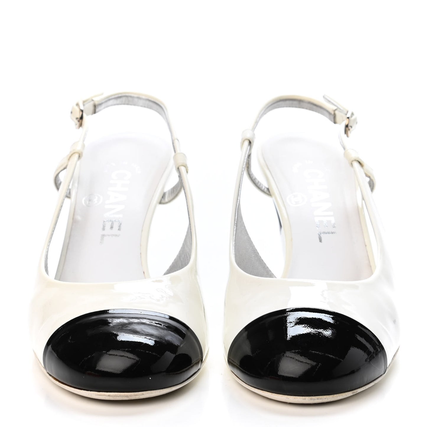 Patent Calfskin Cap Toe Slingback Pumps 38 White Black