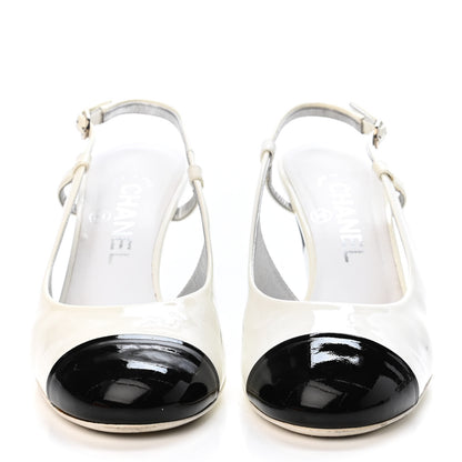 Chanel Patent Calfskin Cap Toe Slingback Pumps 38 White Black 2 of 4