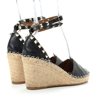 Valentino Garavani Grained Calfskin Rockstud Ankle Wrap Espadrille 15/85mm Wedges 36 Black Light Cuir 4 of 10