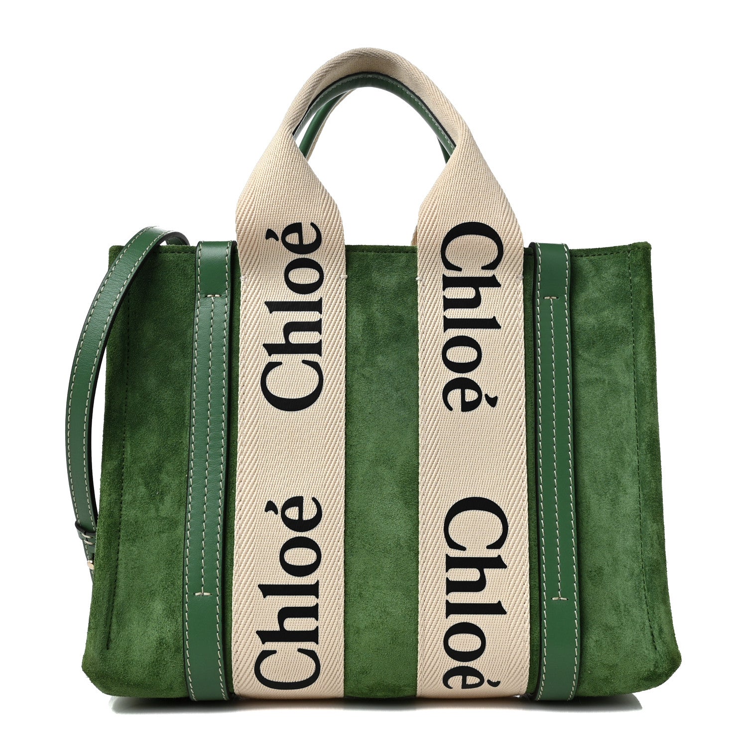 Chloe Suede Calfskin Small Woody Ribbon Tote Bright Green 1 of 7