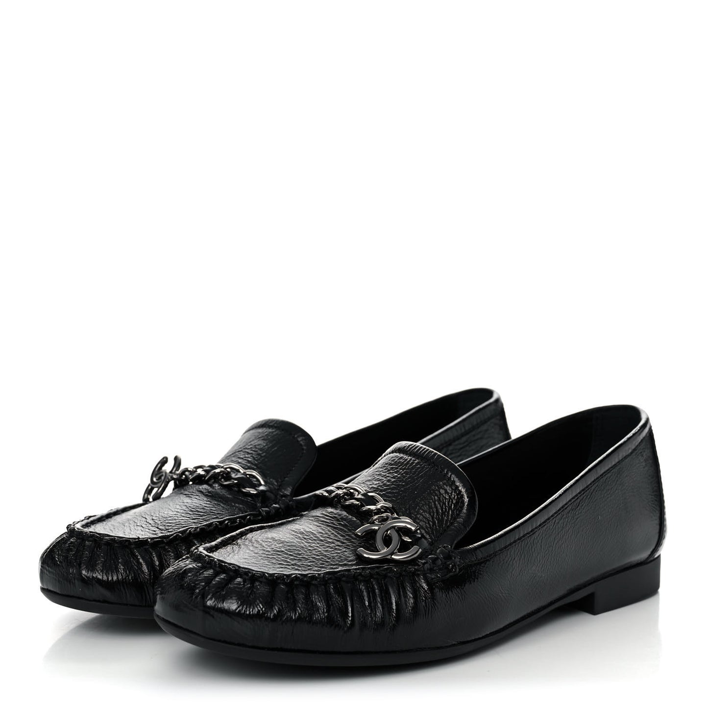 Crackled Patent Calfskin CC Mocassin Loafers 38.5 Black
