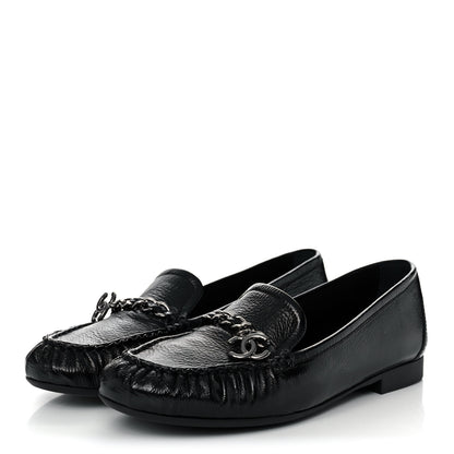 Chanel Crackled Patent Calfskin CC Mocassin Loafers 38.5 Black 3 of 9