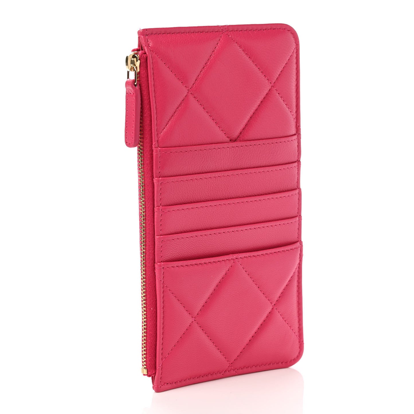 Shiny Goatskin Quilted Chanel 19 Flat Wallet Pouch Dark Pink