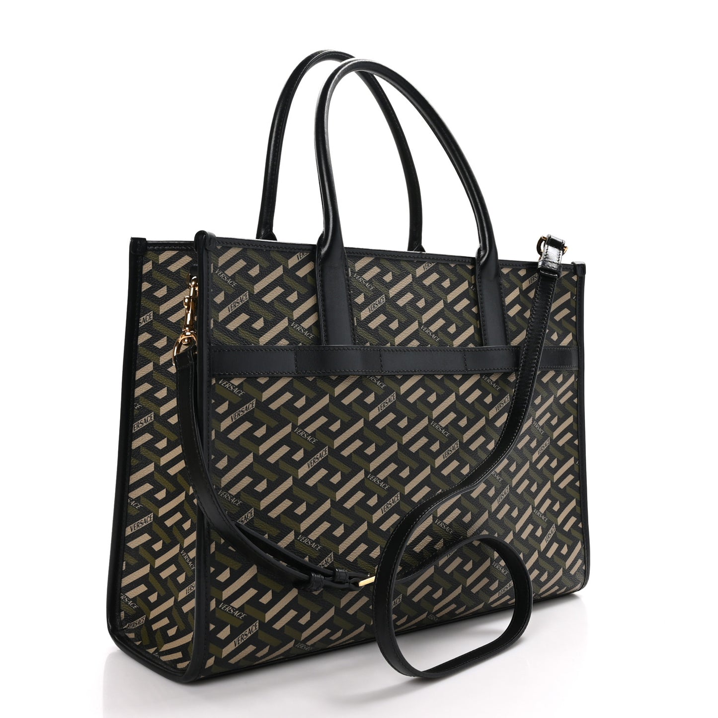Coated Canvas Calfskin La Greca Signature Tote Bag Black Khaki