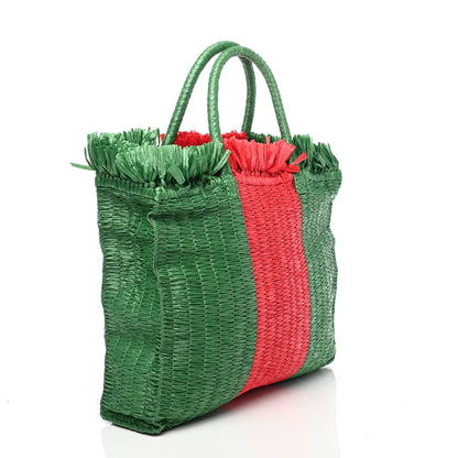Gucci Raffia Linen Web Cestino Tote Bag Red Green 2 of 4