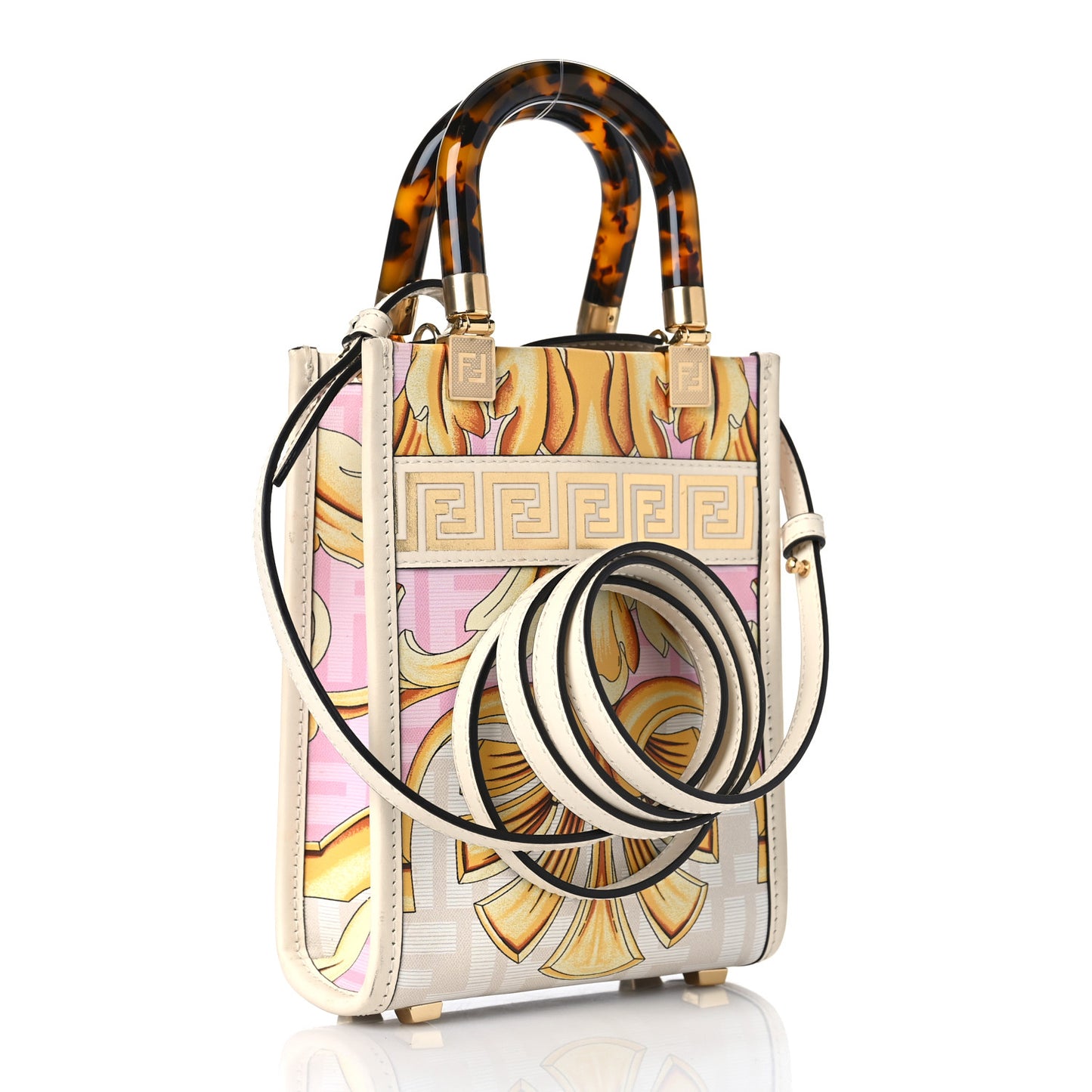 X VERSACE Calfskin Plexiglass Fendace FF Baroque Mini Fendi Sunshine Shopper Tote Gold Rosa White Ice Ciad